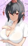  1girl arm_under_breasts black_hair blurry blurry_background breasts bunsuirei cherry_blossoms cleavage closed_mouth collarbone crossed_bangs expressionless hair_between_eyes hand_on_own_chest hand_up hat highres light_blush looking_at_viewer pointy_ears red_eyes see-through shameimaru_aya shirt short_hair short_sleeves solo tassel tokin_hat touhou upper_body white_shirt 