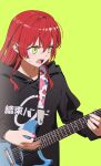  1girl black_hoodie bocchi_the_rock! commentary electric_guitar glaring green_background guitar highres holding holding_instrument holding_plectrum hood hood_down hoodie instrument kita_ikuyo long_hair long_sleeves looking_ahead music open_mouth playing_instrument plectrum print_hoodie red_hair simple_background solo sweat symbol-only_commentary upper_body v-shaped_eyebrows yamamura_saki yellow_eyes 