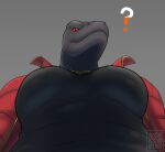  2023 ?! anthro better_version_at_source big_pecs clothing diamobster digital_media_(artwork) epic_games fortnite grey_background grey_body hi_res jacket jewelry komodo_dragon lizard looking_at_viewer looking_down looking_down_at_viewer low-angle_view male monitor_lizard muscular muscular_anthro muscular_male necklace nipple_outline pecs pupils red_eyes reptile scalie shirt simple_background slit_pupils solo thunder_(fortnite) topwear 