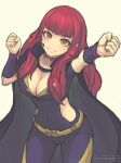  1girl arm_up belt bodysuit breasts cleavage clenched_hands commentary_request covered_navel cowboy_shot facial_mark fire_emblem fire_emblem_engage gofelem hand_up large_breasts orange_eyes red_hair simple_background solo standing star_(symbol) thighs yellow_background yellow_belt yunaka_(fire_emblem) 
