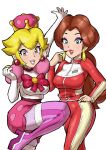  2girls blonde_hair blue_eyes bodysuit boots breasts brown_hair crown earrings elbow_gloves gloves grey_eyes hand_on_own_hip highres jewelry large_breasts lips looking_at_viewer makeup mario_(series) mario_kart mario_kart_8 multiple_girls nail_polish pantyhose pauline_(mario) peachette pink_footwear pink_shorts ponytail puffy_short_sleeves puffy_sleeves red_bodysuit red_nails ribbon shirt short_sleeves short_twintails shorts simple_background smile super_crown thighhighs toggy_keiichi twintails white_background white_gloves white_shirt zettai_ryouiki 