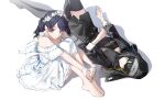  2girls barefoot black_dress black_hair black_thighhighs black_vs_white blonde_hair blue_hair dark_blue_hair dress feathered_wings fingernails fukumaru_koito habit head_wreath highres idolmaster idolmaster_shiny_colors ikaruga_luca knee_up knees_up light_smile looking_at_viewer lying multicolored_hair multiple_girls nail_polish off-shoulder_dress off_shoulder on_back pink_eyes sideways_glance sitting streaked_hair thighhighs toes white_dress white_wings wings wrist_cuffs zhili_xingzou 