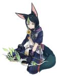  1boy animal_ear_fluff animal_ears black_gloves black_hair bow_(weapon) flower fox_boy fox_ears fox_tail genshin_impact gloves green_eyes green_hair green_tail hair_between_eyes highres hood male_focus multicolored_hair pants short_hair solo tail tighnari_(genshin_impact) vision_(genshin_impact) weapon yellow_flower yu_ri_0320 