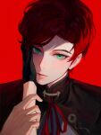  1boy black_gloves code:_kite gloves green_eyes highres male_focus pov pov_hands red_background red_hair red_ribbon ribbon shadow short_hair sun_quan_(code:kite) upper_body 