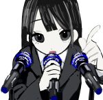  1girl black_eyes black_hair black_jacket commentary_request highres holding holding_microphone index_finger_raised jacket long_hair long_sleeves looking_at_viewer microphone microphone_stand open_mouth original pale_skin simple_background solo straight_hair suit_jacket talking upper_body urokogaran white_background 