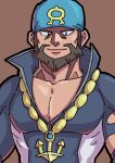  1boy anchor_necklace archie_(pokemon) bandana bara beard black_eyes blue_bandana blue_bodysuit bodysuit brown_hair dark-skinned_male dark_skin diving_suit facial_hair jewelry large_pectorals logo looking_at_viewer male_focus mature_male multicolored_bodysuit multicolored_clothes muscular muscular_male necklace pectoral_cleavage pectorals pokemon pokemon_(game) pokemon_oras short_hair smile solo straight-on thick_eyebrows torn_bodysuit torn_clothes upper_body v-taper wetsuit white_bodysuit yaso80hachi 