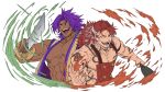  2boys apron bara bare_pectorals bhima_(fate) body_markings fate/grand_order fate_(series) granblue_fantasy highres holding holding_weapon large_pectorals long_hair male_focus multicolored_hair multiple_boys muscular muscular_male official_alternate_costume open_clothes open_mouth pectorals purple_hair red_apron red_hair smile two-tone_hair weapon white_hair wilnas_(apron_of_ardor)_(granblue_fantasy) wilnas_(granblue_fantasy) zanki 