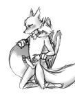  anthro arctic_fox aroused belly_rub canid canine chest_tuft dominant dominant_female duo duo_focus echo_dustrose edging female fluffy fluffy_tail fox genitals group horn kalach kalachik22 male male/female mammal monochrome penis sketch smile submissive submissive_male tail tuft wings 