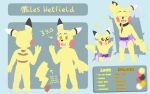  anthro baby brown_spots brown_stripes clothed clothing collar diaper facial_scar fennecat_(artist) feral fur generation_1_pokemon hi_res male miles_(fennecat) model_sheet nintendo notched_tail orange_eyes pikachu pokemon pokemon_(species) puffed_cheeks scar solo spots stripes watermark wearing_diaper yellow_body yellow_fur young 