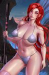  1girl absurdres bearwitch bra breasts character_request commission grey_bra grey_panties hair_ornament highres holding holding_polearm holding_weapon large_breasts league_of_legends long_hair navel panties polearm purple_eyes red_hair single_thighhigh skull_hair_ornament solo stomach tengen_toppa_gurren_lagann thighhighs underwear weapon yoko_littner 