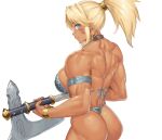  1girl armlet ass axe back barbarian bikini blonde_hair blue_eyes bracelet breasts earrings facial_mark highres holding holding_axe huge_ass jewelry large_breasts looking_at_viewer muscular muscular_female original ponytail ranma_(kamenrideroz) smile solo swimsuit tan white_background 