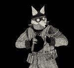  4_fingers anthro armor black_background book canid canine chrome clothing colophonius_regenschein eyewear fingers fox gambeson garbagegarage gloves goggles handwear headgear helmet hi_res inner_ear_fluff line_art male mammal scar simple_background solo tuft vial 