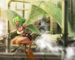  1girl bell bird_legs black_choker breasts cgiftrsnut choker factory feathers goggles goggles_on_head green_feathers green_hair harpy highres indoors large_breasts long_hair looking_at_viewer mechanism miniskirt monet_(one_piece) monster_girl neck_bell one_piece skirt smile steam tank_top tongue tongue_out white_tank_top winged_arms wings 