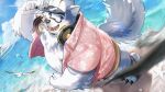  16:9 2023 anthro beach belly blush bottomwear canid canine canis clothed clothing cloud detailed_background dyzd1 eyewear glasses hi_res kemono male mammal moobs nipples open_clothing open_shirt open_topwear outside overweight overweight_male seaside shirt shorts solo topwear water widescreen wolf 