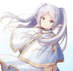  1girl blue_eyes capelet dress elf floating_hair frieren highres long_hair looking_at_viewer parted_bangs pointy_ears shizuna_kaede simple_background solo sousou_no_frieren standing twintails white_background white_capelet white_dress white_hair 