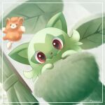 :3 curtains facing_viewer green_fur hands_up highres indoors leaf looking_at_viewer no_humans pawmi pet_bed pokemon pokemon_(creature) red_eyes sasabunecafe smile sprigatito stuffed_toy twitter_username 