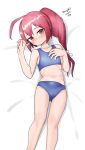  1girl absurdres ahoge alternate_breast_size ass_visible_through_thighs bikini blue_bikini dated feet_out_of_frame flat_chest highres i-168_(kancolle) kantai_collection long_hair lying maru_(marg0613) one-hour_drawing_challenge ponytail red_eyes red_hair solo sports_bikini swimsuit twitter_username 
