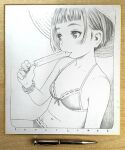  1girl art_tools_in_frame bikini blunt_bangs border breasts fingernails food graphite_(medium) greyscale halterneck hat holding holding_food holding_popsicle licking looking_to_the_side monochrome murata_range navel original popsicle ribbon-trimmed_bikini scrunchie shikishi short_hair sitting small_breasts solo stomach summer sun_hat swimsuit tongue tongue_out traditional_media upper_body wrist_scrunchie 