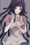  1girl :d apron bandaged_arm bandages black_hair blue_skirt blush breasts collared_shirt danganronpa_(series) danganronpa_2:_goodbye_despair grey_apron grey_background hands_up highres large_breasts long_hair mole mole_under_eye nz_(vovo0_o) pink_shirt pleated_skirt puffy_short_sleeves puffy_sleeves shirt short_sleeves simple_background skirt smile solo sweat teeth tsumiki_mikan two-tone_shirt upper_teeth_only 