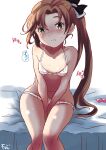  1girl akigumo_(kancolle) akigumo_kai_ni_(kancolle) bed bra breasts brown_hair feet_out_of_frame fuji_(pixiv24804665) green_eyes hair_ribbon highres kantai_collection long_hair panties ponytail ribbon small_breasts solo underwear underwear_only v_arms white_bra white_panties 