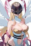  1girl angel angel_wings angewomon bare_shoulders belt black_belt blonde_hair breasts cleavage closed_mouth clothing_cutout commentary covered_eyes detached_collar digimon digimon_(creature) english_commentary helmet helmet_over_eyes highres large_breasts leotard lips lipstick looking_at_viewer makeup metal_bra multiple_wings navel red_lips simple_background smile solo stomach stomach_cutout strapless strapless_leotard white_background white_leotard white_wings winged_helmet wings y_uunaa 