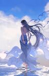  1girl bare_back bare_shoulders barefoot beach black_hair blue_dress blue_flower cloud dress floating_hair flower holding holding_clothes holding_dress holding_flower ibuki_satsuki long_hair necktie original sand sky solo very_long_hair walking water 