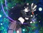  1girl bamboo bamboo_forest belt belt_buckle belt_pouch black_belt black_choker black_eyes black_gloves black_hair breasts buckle bush choker cleavage crystal energy feather_fan feathers fingerless_gloves flower forest fubuki_(senran_kagura) full_moon gloves hair_between_eyes hair_flower hair_ornament holding holster kunai large_breasts leaf light_particles long_hair long_sleeves looking_at_viewer moon moonlight nature navel night night_sky official_alternate_costume official_art outdoors pantyhose pouch senran_kagura senran_kagura_new_link sky solo sparkle standing star_(sky) starry_sky thigh_holster torn_clothes torn_pantyhose very_long_hair weapon white_flower yaegashi_nan 