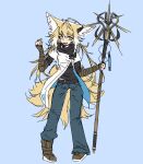  1girl aged_up animal_ears arknights belt blonde_hair blue_background boots denim flower fox_ears fox_tail full_body holding holding_staff jeans lily_of_the_valley looking_at_viewer mazz multiple_tails pants staff suzuran_(arknights) tail yellow_eyes 