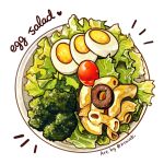 artist_name broccoli cherry_tomato english_text food food_focus hardboiled_egg highres lettuce no_humans original plate salad sparkle still_life tomato white_background xindi 