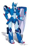  1girl armor blue_eyes blue_panties breasts chromia humanoid_robot medium_breasts official_art panties riot_shield robot sarah_stone shield shoulder_armor solo the_transformers_(idw) thighs transformers underwear wheel white_background 