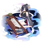  1girl barefoot black_hair blue_eyes book breasts calligraphy_brush chinese_clothes desk gem hair_ornament holding honkai_(series) honkai_impact_3rd incense_burner multicolored_hair official_art paintbrush paper purple_hair see-through see-through_sleeves sitting smile third-party_source wang_zhenyi_(honkai_impact) 