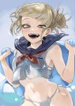  1girl :d absurdres bags_under_eyes bikini blonde_hair blue_sailor_collar boku_no_hero_academia crop_top double_bun fangs fengling_(furin-jp) hair_bun highres holding holding_towel looking_at_viewer messy_hair navel neckerchief open_mouth sailor_collar side-tie_bikini_bottom slit_pupils smile solo swimsuit thigh_strap toga_himiko towel white_bikini yellow_eyes yellow_neckerchief 