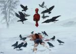  animal artist_name bird blood corpse crow flying full_body highres original outdoors shorts simple_bird skeleton sky snow surreal too_many too_many_birds topless tree user_jmfx5275 