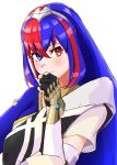  1girl absurdres alear_(female)_(fire_emblem) alear_(fire_emblem) blue_eyes blue_hair blush closed_mouth crossed_bangs fingerless_gloves fire_emblem fire_emblem_engage gloves heterochromia highres long_hair looking_at_viewer multicolored_hair red_eyes red_hair solo split-color_hair tiara to_(tototo_tk) white_background 