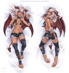  antenna_hair ass bare_shoulders bed_sheet black_bra black_choker black_thighhighs body_markings bra breasts bridal_gauntlets choker commission dakimakura_(medium) dark-skinned_female dark_skin demon_girl demon_horns demon_tail demon_wings denim denim_shorts english_commentary feet flirting glowing glowing_eyes hand_on_own_ass holding_head horns maxa&#039; messy_hair metal_bracelet navel on_bed open_fly open_mouth original purple_eyes shiny_skin short_hair short_shorts shorts small_breasts soles stirrup_legwear sword tail tattoo thighhighs thighs toeless_legwear toes toned unbuttoned underwear unzipped weapon white_background white_hair wings xania_(maxa&#039;) 