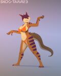  anthro bikini bikini_bottom bikini_top claws clothed clothing female hi_res horn lizard looking_at_viewer markings multicolored_body panties partially_clothed raised_arm reptile scalie shido-tara simple_background sketch solo standing swimwear tail two_tone_body underwear 