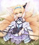  1girl animal_ear_fluff animal_ears arknights black_collar black_gloves blonde_hair blue_hairband blurry blurry_background blurry_foreground braid collar commentary dress earpiece english_commentary flower fox_ears fox_girl fox_tail frilled_dress frilled_sleeves frills gloves green_eyes hairband highres holding holding_staff infection_monitor_(arknights) kitsune kyl490 kyuubi lily_of_the_valley looking_at_viewer multicolored_hair multiple_tails name_connection object_namesake off-shoulder_dress off_shoulder open_mouth oripathy_lesion_(arknights) pantyhose purple_dress purple_pantyhose seiza short_hair single_glove sitting solo staff suzuran_(arknights) tail two-tone_hair white_hair wrist_cuffs 