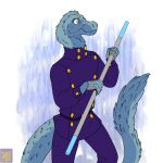  anthro blue_body blue_feathers clothed clothing dinosaur dromaeosaurid feathers foxenawolf isla_aukate male purple_clothing reptile scalie scuted_hands scutes solo tail teeth theropod uniform velociraptor 