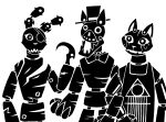  2014 4_fingers alternate_species animatronic anthro biped black_and_white bow_tie canid canine canis clothing crossover digital_drawing_(artwork) digital_media_(artwork) domestic_cat domestic_dog entwined_arms eye_markings eye_patch eyewear fangs felid feline felis female female_anthro fingers five_nights_at_freddy&#039;s front_view group half-length_portrait hat headgear headwear hook hook_hand lagomorph leporid machine male male_anthro mammal markings monochrome no_pupils portrait prick_ears pupils rabbit restricted_palette robot scottgames scp-1913-1 scp-1913-3 scp-2999-a scp_foundation screw sharp_teeth silhouette simple_background standing sunnyclockwork teeth top_hat trio white_background 