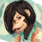  2023 anthro ape ari_(pota) brown_body brown_eyes brown_fur brown_hair chimpanzee fur hair haplorhine headshot_portrait hi_res lips male mammal open_mouth open_smile pan_(genus) portrait primate redustheriotact short_hair simple_background sketch smile solo 