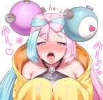  1girl bare_shoulders blue_hair bow-shaped_hair character_hair_ornament cum cum_in_mouth cum_on_tongue eyelashes facial hair_ornament heart heart-shaped_pupils highres iono_(pokemon) jacket long_hair long_sleeves looking_at_viewer multicolored_hair open_mouth pink_eyes pink_hair pokemon pokemon_(game) pokemon_sv raa_(yafc7583) sharp_teeth sleeves_past_fingers sleeves_past_wrists symbol-shaped_pupils teeth tongue tongue_out two-tone_hair upper_body upper_teeth_only very_long_hair white_background yellow_jacket 