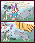  animal_crossing anthro audie_(animal_crossing) breath_of_the_wild canid canine canis comic dialogue english_text eyewear eyewear_on_head fox glasses glasses_on_head humor kneeling link_(wolf_form) mammal nintendo onomatopoeia outside petting petting_head punch r-mk sitting sound_effects speech_bubble tail tail_motion tailwag text the_legend_of_zelda wolf 