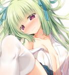  1girl blue_ribbon blue_skirt blunt_bangs blunt_ends blurry blush breasts breasts_apart cariboy close-up closed_mouth collarbone collared_shirt commentary depth_of_field embarrassed eyelashes eyes_visible_through_hair foreshortening frown green_hair hair_over_shoulder hair_ribbon hair_spread_out head_tilt hime_cut lens_flare long_hair looking_to_the_side midriff miniskirt murasame_(senren) navel nose_blush off_shoulder open_clothes open_shirt out-of-frame_censoring pleated_skirt red_eyes ribbon senren_banka shirt sidelocks simple_background skirt small_breasts solo thighhighs two_side_up white_background white_shirt white_thighhighs zettai_ryouiki 