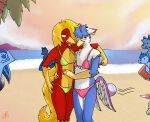  anthro avian beach beak being_watched bikini bird chrysolophus clothed clothing crossdressing feathers fridaylugia galliform glori_gamebird golden_pheasant gryphon hair hi_res long_hair long_tail looking_at_another mythological_avian mythology nero_(fridaylugia) phasianid red_body red_feathers seaside swimwear tail yellow_beak yellow_body yellow_feathers 