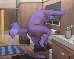  2022 anthro bathroom biped bodily_fluids brush butt canid canine clothing fur male mammal mostly_nude musclegut nipples overweight overweight_anthro overweight_male purple_body purple_fur shower shower_head solo spyzslair sweat tail tongue tongue_out toothbrush underwear undressing watermark window 