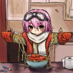  1girl bowl bubbacterial flcl food gloves goggles goggles_on_head haruhara_haruko highres how_bikers_eat_there_sketty_(meme) jacket meatball meme paper_towel pasta pink_hair red_gloves red_jacket scarf sketch solo spaghetti spaghetti_and_meatballs tomato_sauce white_scarf yellow_eyes 