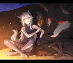  1girl animal animal_ears arknights bare_shoulders boots boots_removed crossed_legs fish_(food) fried_fish grey_hair grin highres lappland_(arknights) liang_chan_xing_make_tu long_hair night night_sky oversized_animal scar sky smile tail toes wolf wolf_ears wolf_tail zarro_(arknights) 