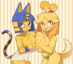  absurd_res animal_crossing ankha_(animal_crossing) anthro bangs bell big_breasts blonde_hair blue_eyes blue_hair breast_squish breasts breasts_frottage canid canine canis clothed clothing domestic_cat domestic_dog duo felid feline felis female female/female hair hi_res huge_breasts isabelle_(animal_crossing) lumpypaca mammal nintendo open_mouth panties squish standing topless underwear uraeus 