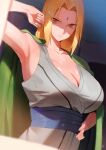  1girl absurdres blonde_hair blush breasts cleavage collarbone facial_mark forehead forehead_mark highres japanese_clothes kimono large_breasts naruto_(series) rororo shirt sleeveless sleeveless_kimono solo tsunade_(naruto) 