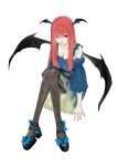  1girl bare_shoulders bat_wings breasts cleavage closed_mouth dress expressionless full_body hair_over_one_eye head_wings highres knees_together_feet_apart knees_up koakuma large_breasts long_hair looking_at_viewer off-shoulder_dress off_shoulder pantyhose red_eyes red_hair sidelocks simple_background sitting solo sugoiwaa44 touhou upturned_eyes very_long_hair white_background wings 